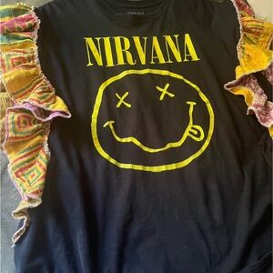 NIRVANA Black Tee with Yellow Logo and Colorful Ruffle Sleeves